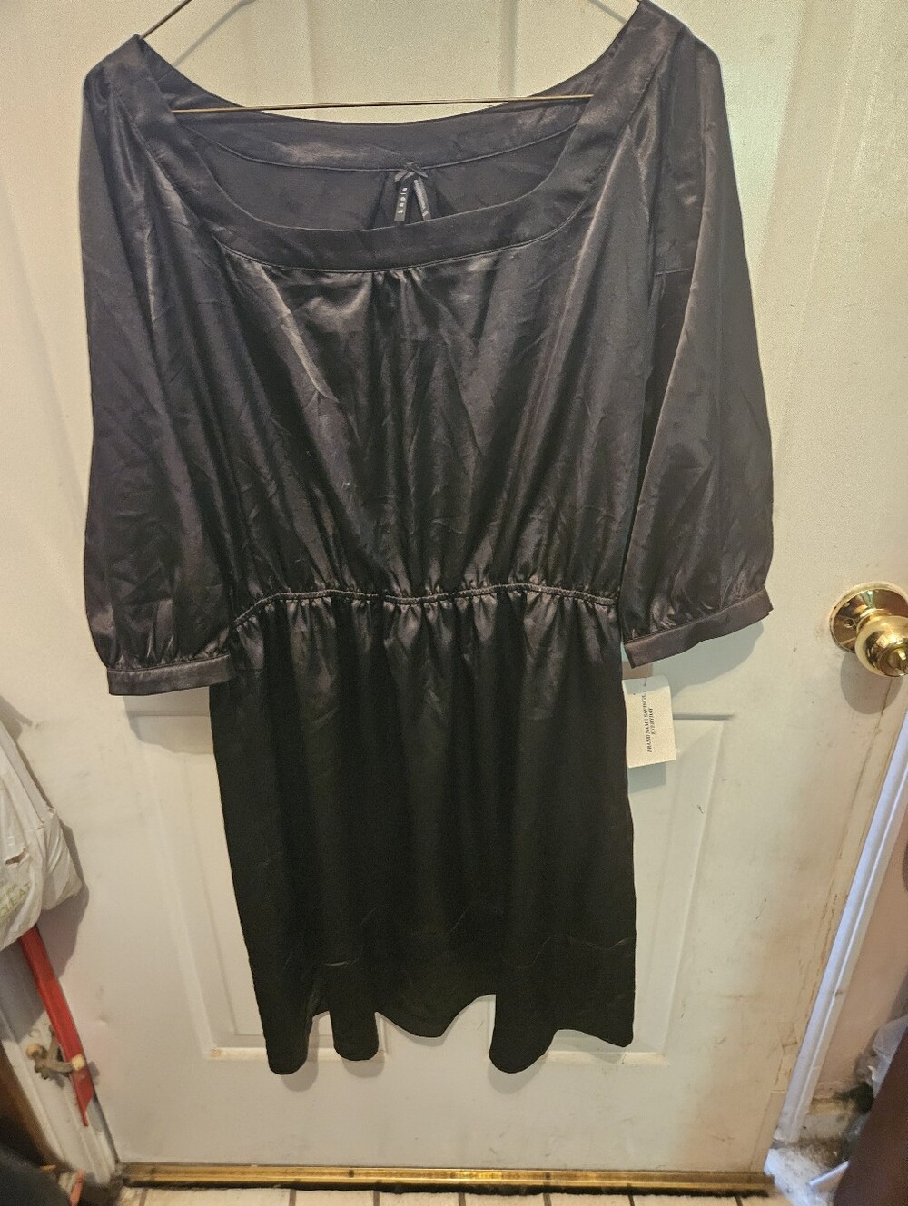 Ladies Black Satin-like Dress - Elegant Scoop Neck